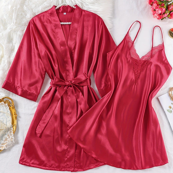 Conjunto Bata y Vestido Seda Roja