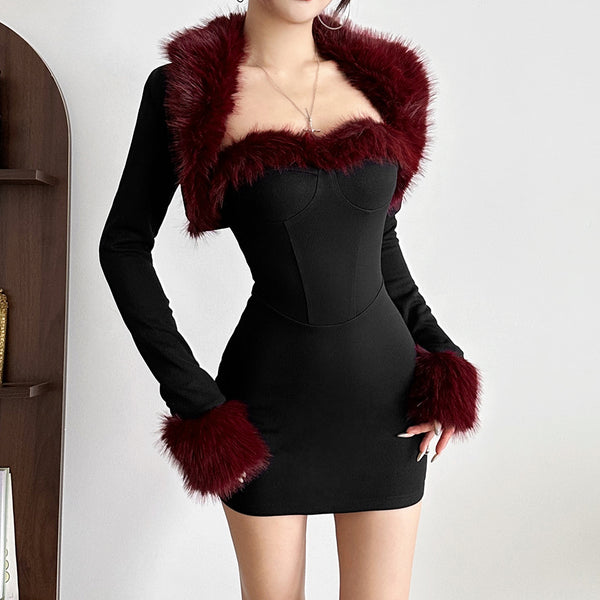 Vestido Ajustado Manga Larga con Falda