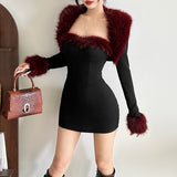 Vestido Ajustado Manga Larga con Falda