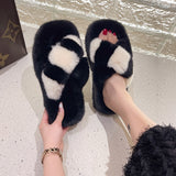 Heeled cross fluffy slippers