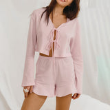 Conjunto cárdigan shorts ruffle