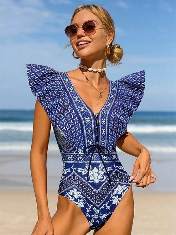Blue print high-waist bikini