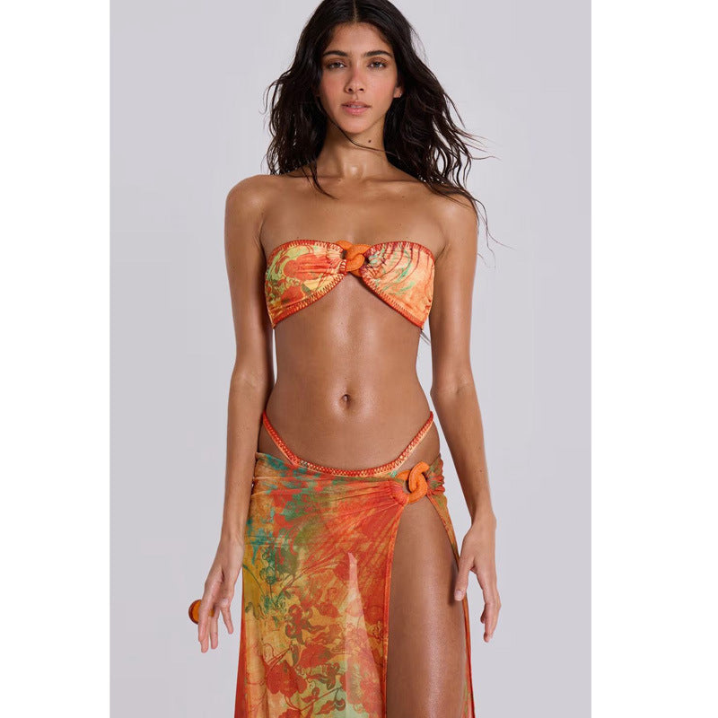Vintage print three-piece bikini