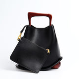 Bolso Cubo Piel Vacuno Asa Madera
