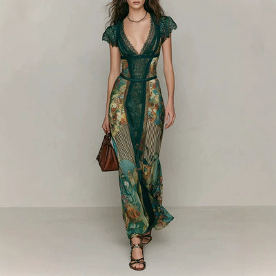 Vestido Largo Verde Esmeralda con Encaje