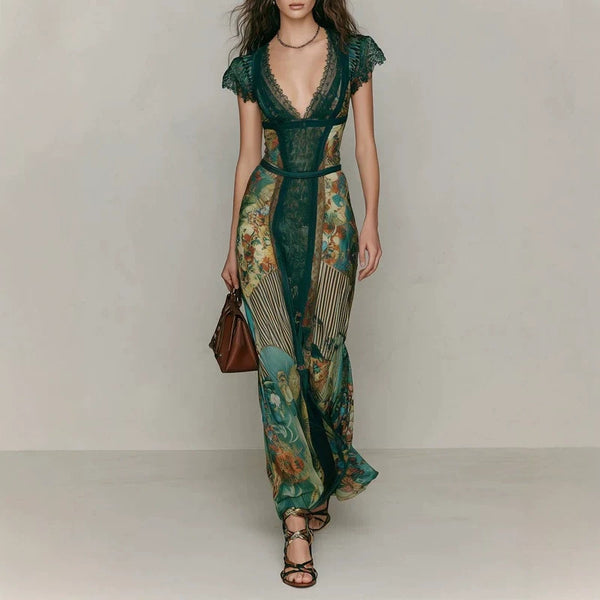Vestido Largo Verde Esmeralda con Encaje