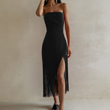 Vestido Flecos Strapless con Abertura