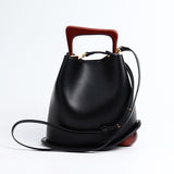 Bolso Cubo Piel Vacuno Asa Madera