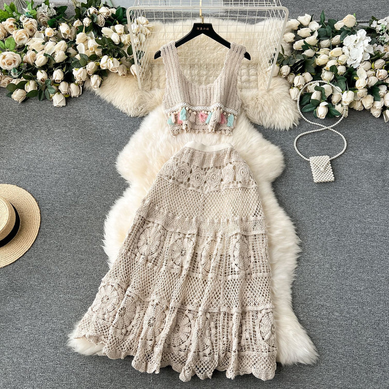 Conjunto Boho Crochet y Falda Punto