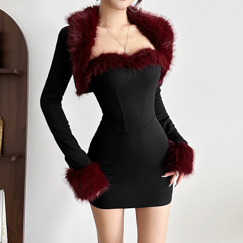 Vestido Ajustado Manga Larga con Falda