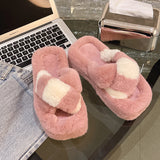 Heeled cross fluffy slippers